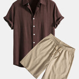 Linen Rayon Blend Shirt & Crinkled Textured Drawstring Shorts Set