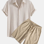 Linen Rayon Blend Shirt & Crinkled Textured Drawstring Shorts Set