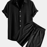 Linen Rayon Blend Shirt & Crinkled Textured Drawstring Shorts Set