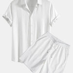 Linen Rayon Blend Shirt & Crinkled Textured Drawstring Shorts Set