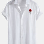 Red Rose Print Linen Cotton Button Up Shirt