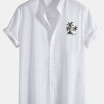 Hawaii Palm Tree Print Linen Cotton Stand Collar Shirt