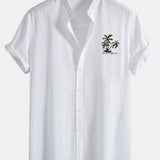 Hawaii Palm Tree Print Linen Cotton Stand Collar Shirt