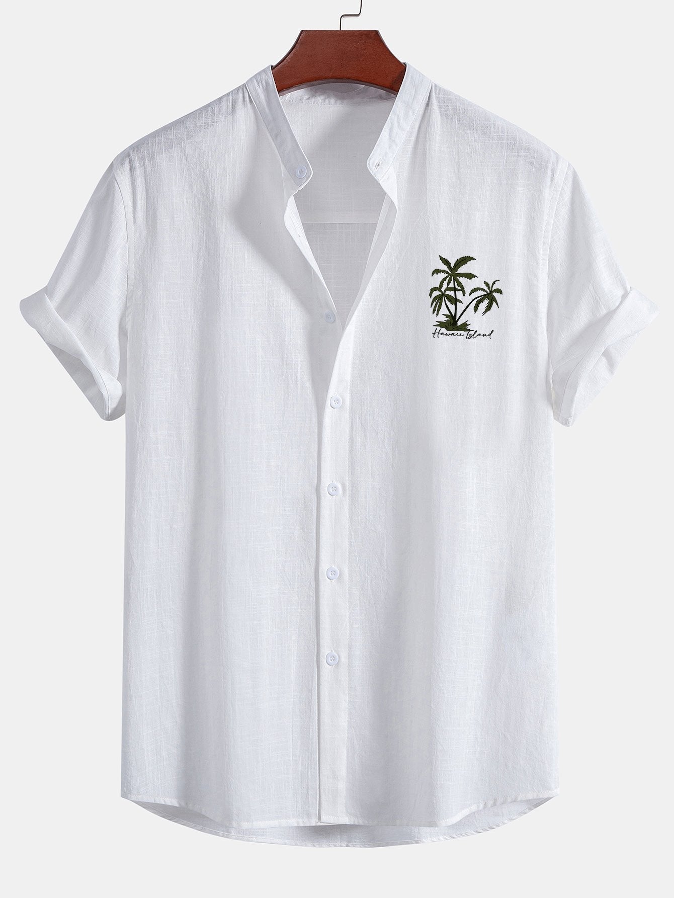 Hawaii Palm Tree Print Linen Cotton Stand Collar Shirt
