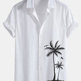 Palm Tree Print Linen Cotton Button Up Shirt