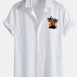 Sunset Palm Trees Print Linen Cotton Button Up Shirt