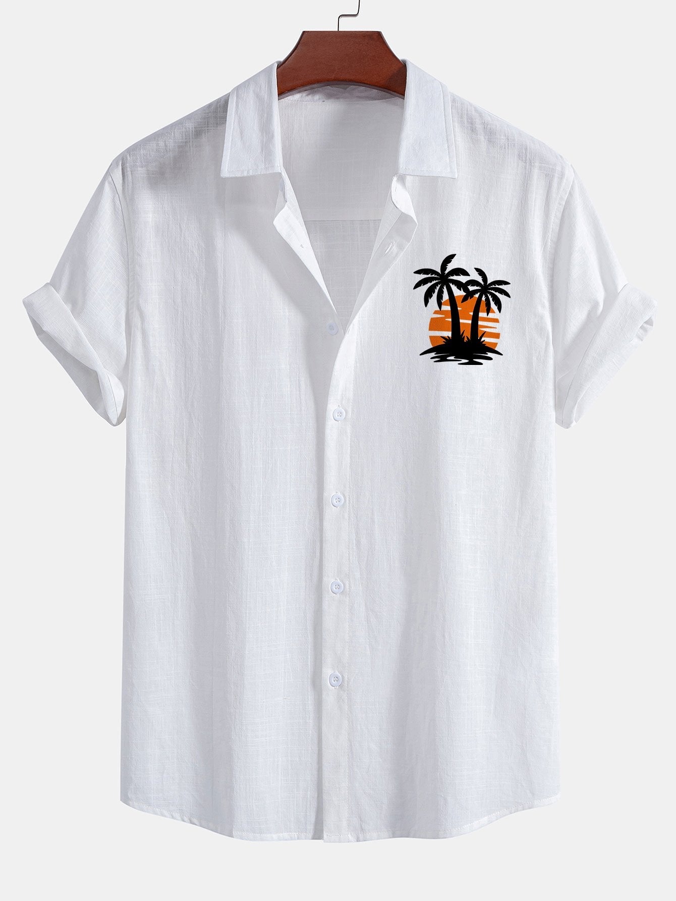 Sunset Palm Trees Print Linen Cotton Button Up Shirt