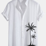 Palm Tree Print Linen Cotton Stand Collar Shirt