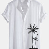 Palm Tree Print Linen Cotton Stand Collar Shirt