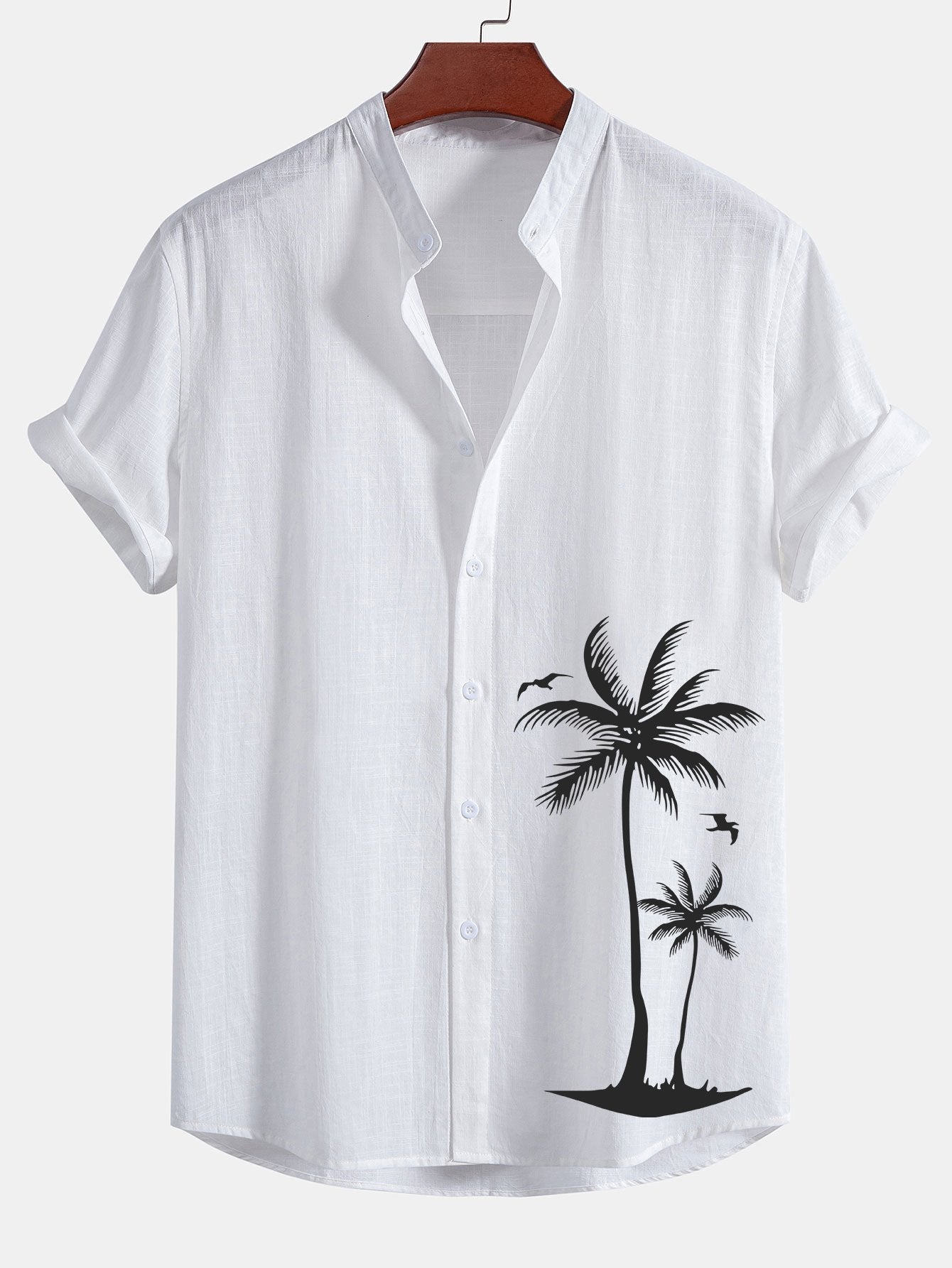 Palm Tree Print Linen Cotton Stand Collar Shirt