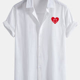 Heart Smiley Face Print Linen Cotton Button Up Shirt
