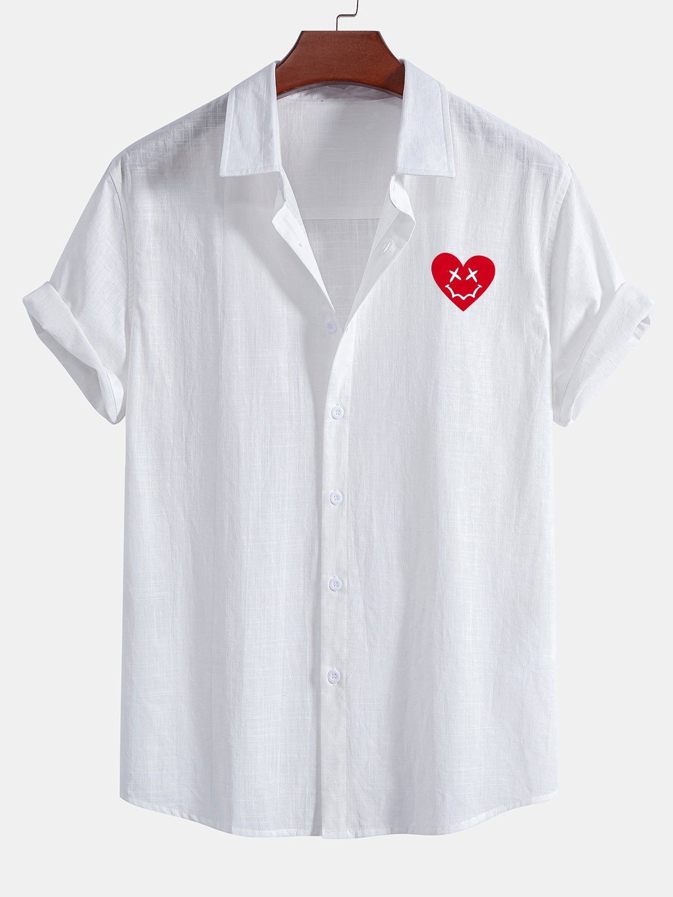 Heart Smiley Face Print Linen Cotton Button Up Shirt