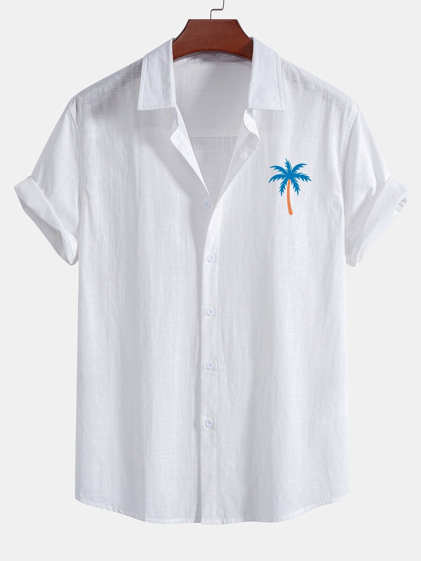 Blue Palm Tree Print Linen Cotton Button Up Shirt