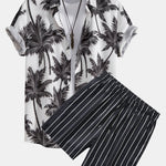Palm Tree Print Shirt & Striped Swim Shorts Set