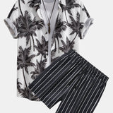 Palm Tree Print Shirt & Striped Swim Shorts Set