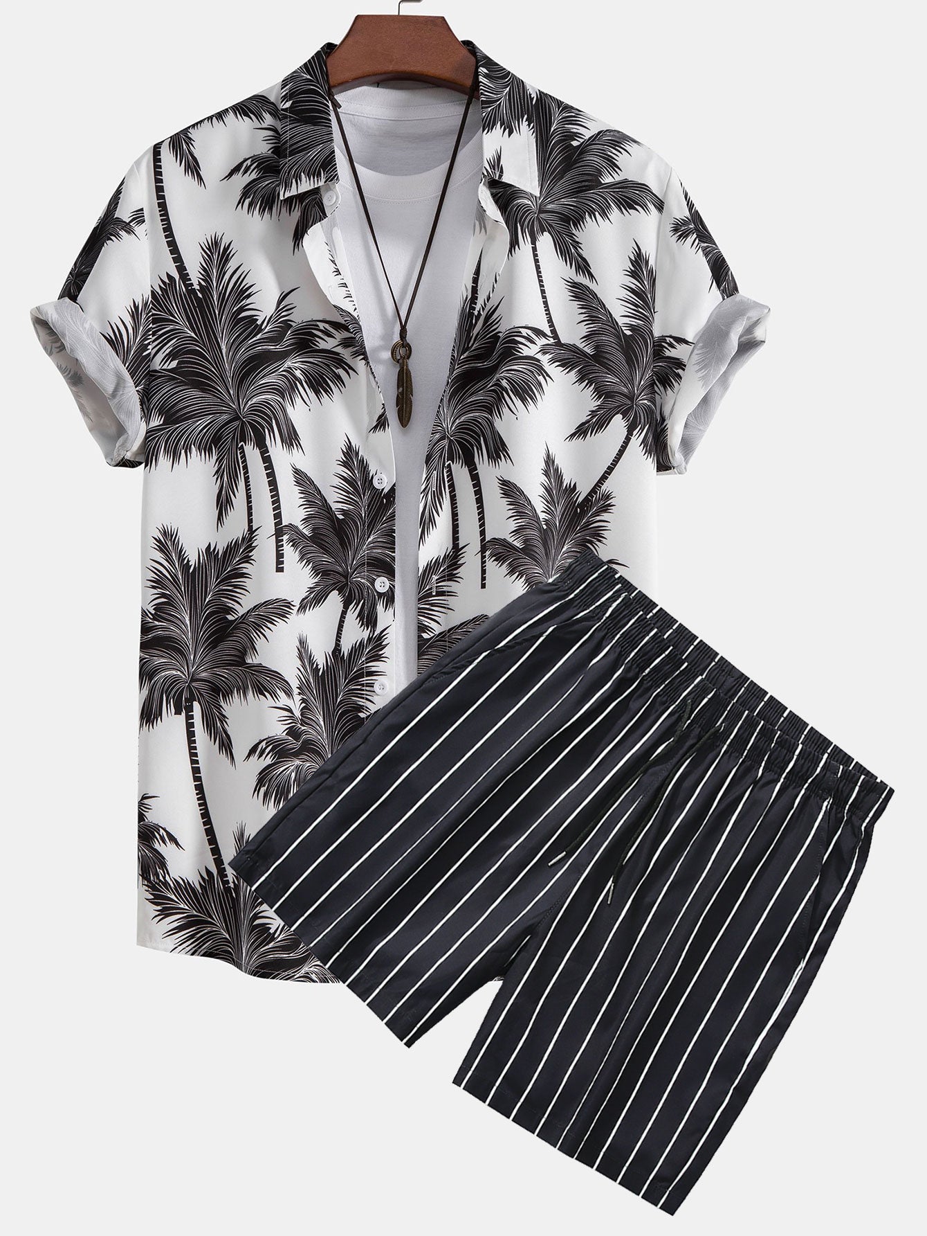 Palm Tree Print Shirt & Striped Swim Shorts Set