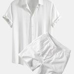 Linen Rayon Blend Shirt & Crinkle Textured Drawstring 5" Shorts Set