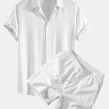 Linen Rayon Blend Shirt & Crinkle Textured Drawstring 5" Shorts Set