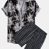 Palm Tree Print Shirt & Striped Swim Shorts Set