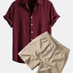 Linen Rayon Blend Shirt & Crinkle Textured Drawstring 5" Shorts Set