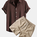 Linen Rayon Blend Shirt & Crinkle Textured Drawstring 5" Shorts Set