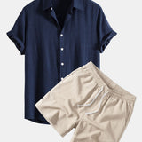 Linen Rayon Blend Shirt & Crinkle Textured Drawstring 5" Shorts Set
