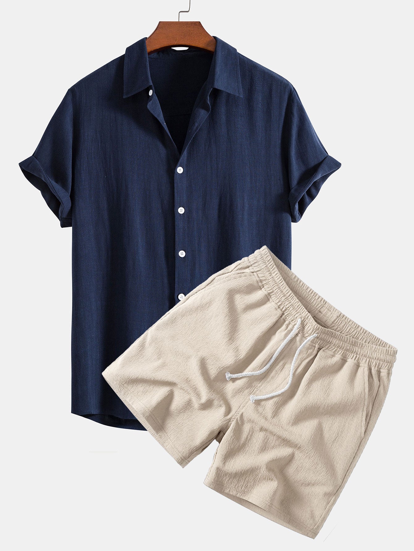 Linen Rayon Blend Shirt & Crinkle Textured Drawstring 5" Shorts Set