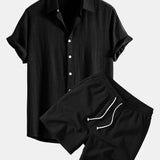 Linen Rayon Blend Shirt & Crinkle Textured Drawstring 5" Shorts Set