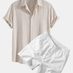 Linen Rayon Blend Shirt & Crinkle Textured Drawstring 5" Shorts Set