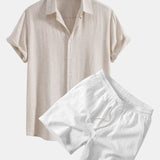 Linen Rayon Blend Shirt & Crinkle Textured Drawstring 5" Shorts Set