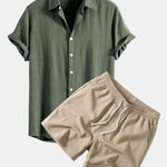 Linen Rayon Blend Shirt & Crinkle Textured Drawstring 5" Shorts Set