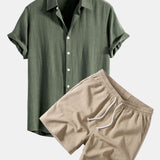 Linen Rayon Blend Shirt & Crinkle Textured Drawstring 5" Shorts Set