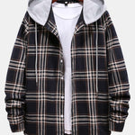 Contrast Hooded Button Up Plaid Shirts with Drawstring