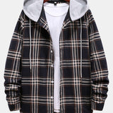 Contrast Hooded Button Up Plaid Shirts with Drawstring