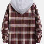 Contrast Hooded Button Up Plaid Shirts with Drawstring