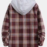Contrast Hooded Button Up Plaid Shirts with Drawstring