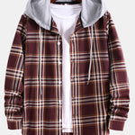 Contrast Hooded Button Up Plaid Shirts with Drawstring