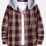 Contrast Hooded Button Up Plaid Shirts with Drawstring
