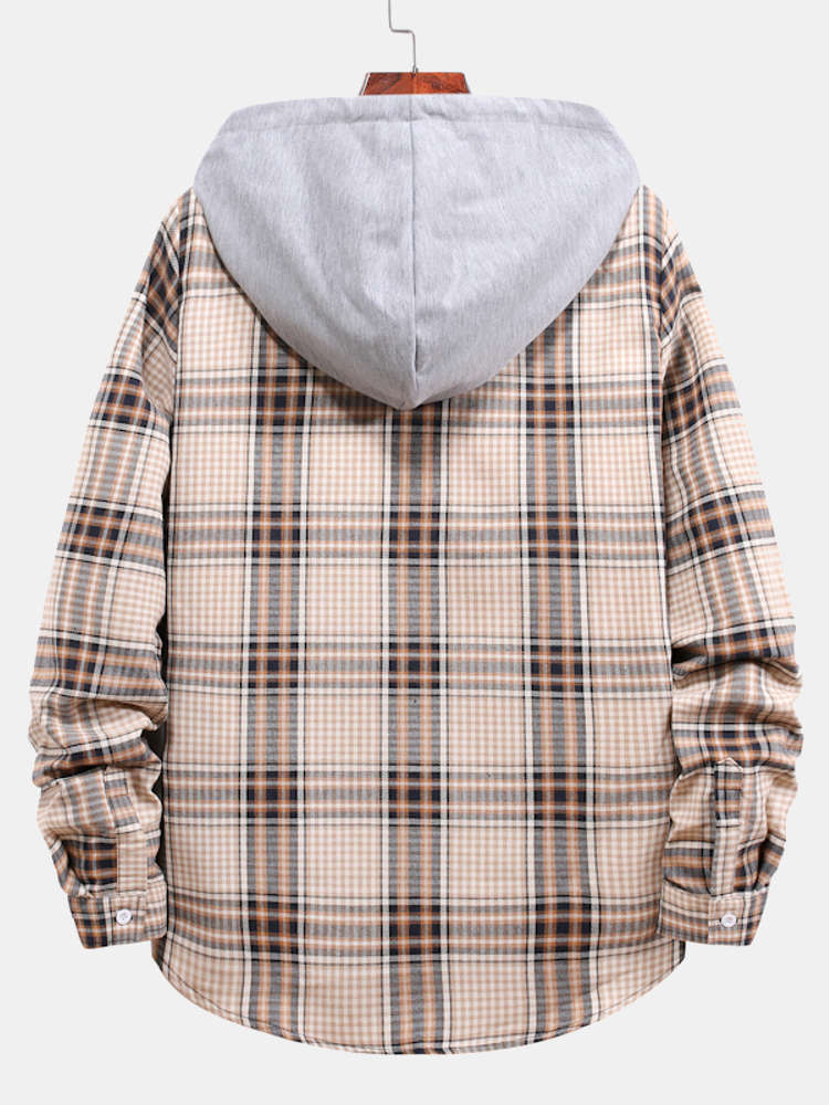 Contrast Hooded Button Up Plaid Shirts with Drawstring