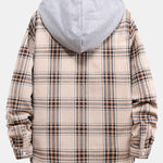 Contrast Hooded Button Up Plaid Shirts with Drawstring