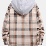 Contrast Hooded Button Up Plaid Shirts with Drawstring