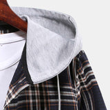 Contrast Hooded Button Up Plaid Shirts with Drawstring