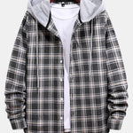 Button Up Drawstring Hooded Plaid Shirts