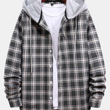 Button Up Drawstring Hooded Plaid Shirts