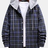Button Up Drawstring Hooded Plaid Shirts