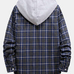Button Up Drawstring Hooded Plaid Shirts