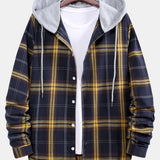 Curved Hem Contrast Hooded Plaid Shirts