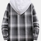 Curved Hem Contrast Hooded Plaid Shirts