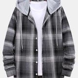 Curved Hem Contrast Hooded Plaid Shirts