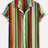 Colorful Striped Waffle Texture Cuban Shirt & Swim Shorts Set